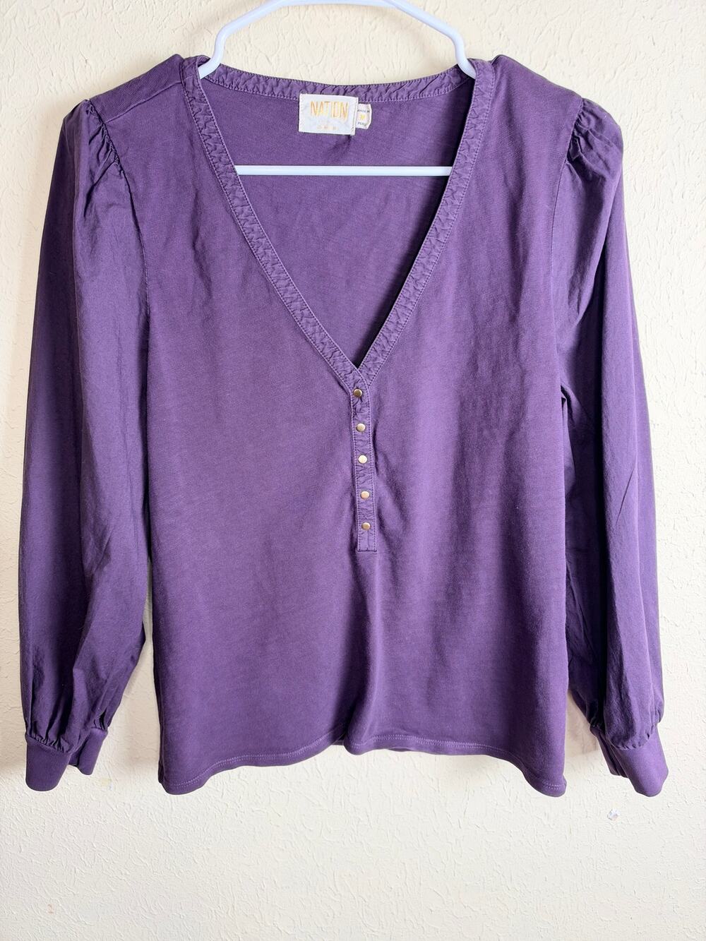 Nation LTD Women's Purple Puff Shoulder V-Neck Blouse Top 100% Cotton Boho M